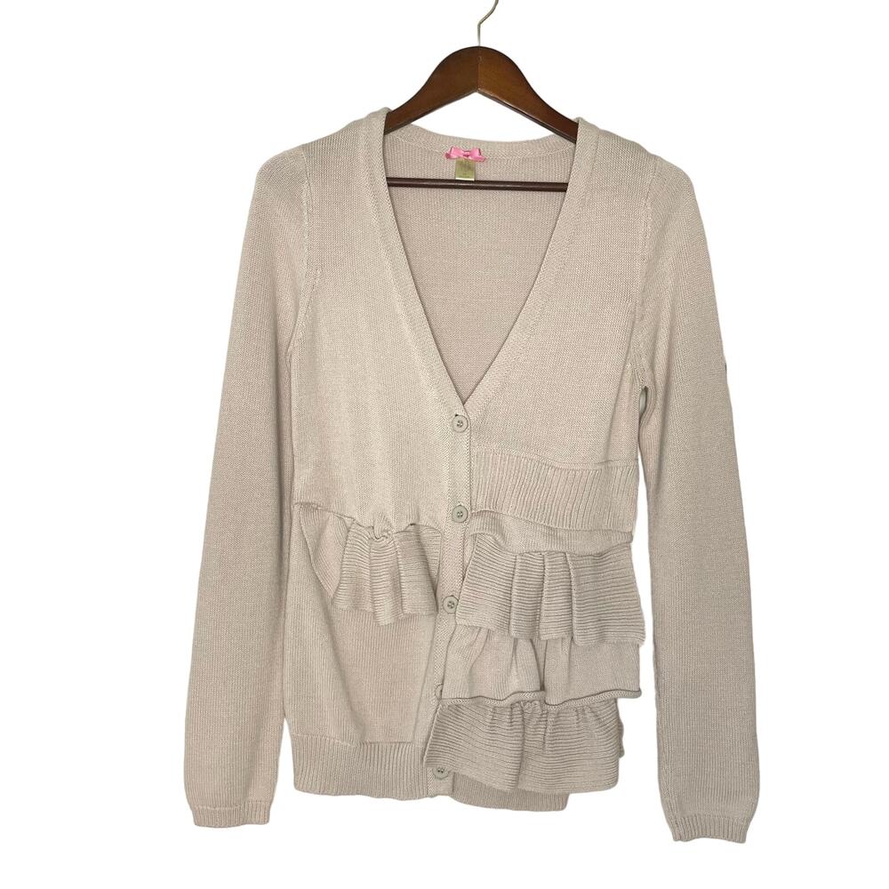 Downeast Basics Ruffled Beige Cardigan